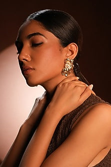 Gold Finish Pearl Floral Stud Earrings