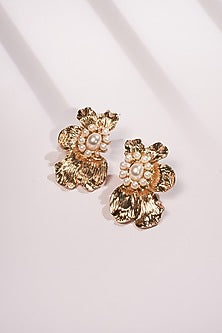 Gold Finish Pearl Floral Stud Earrings