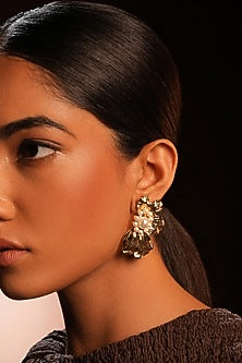 Gold Finish Pearl Floral Stud Earrings