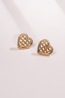 Gold Finish Pearl Heart Stud Earrings