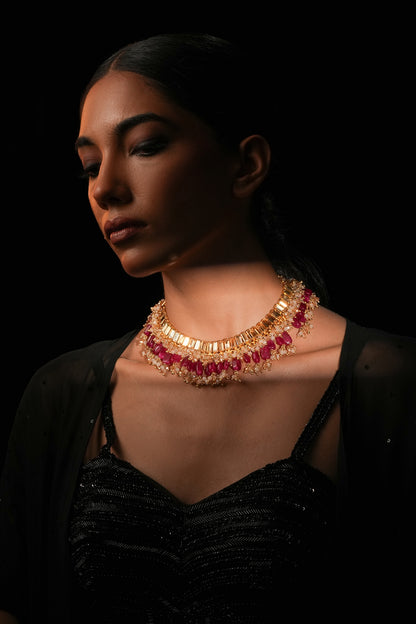 Gold Finish Crystal & Red Semi-Precious Stone Choker Necklace