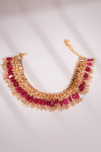 Gold Finish Crystal & Red Semi-Precious Stone Choker Necklace