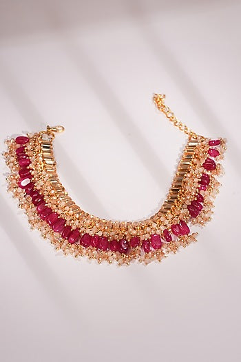 Gold Finish Crystal & Red Semi-Precious Stone Choker Necklace