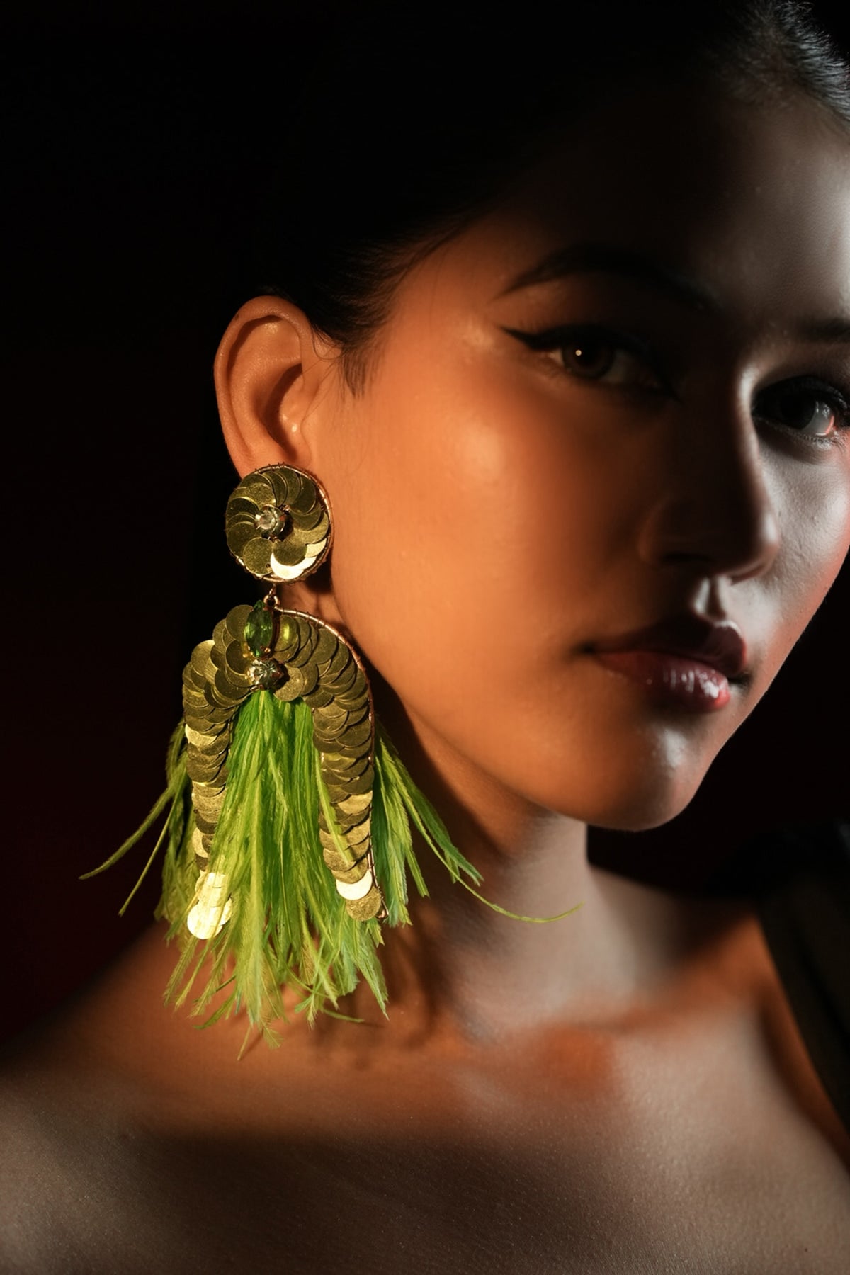 Gold Finish Sequins Work & Green Feather Tassel Dangler Earrings