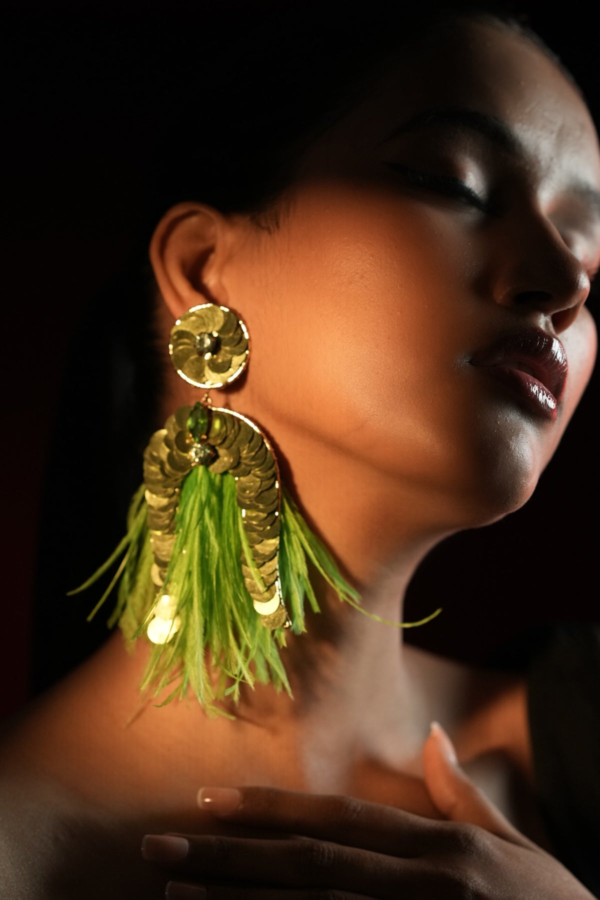 Gold Finish Sequins Work & Green Feather Tassel Dangler Earrings