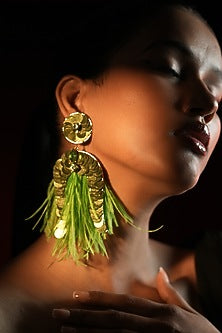 Gold Finish Sequins Work & Green Feather Tassel Dangler Earrings