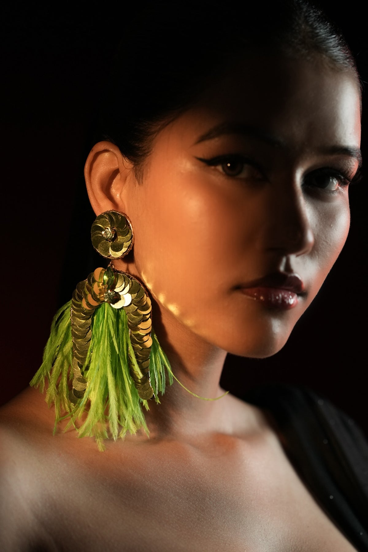 Gold Finish Sequins Work & Green Feather Tassel Dangler Earrings