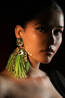 Gold Finish Sequins Work & Green Feather Tassel Dangler Earrings