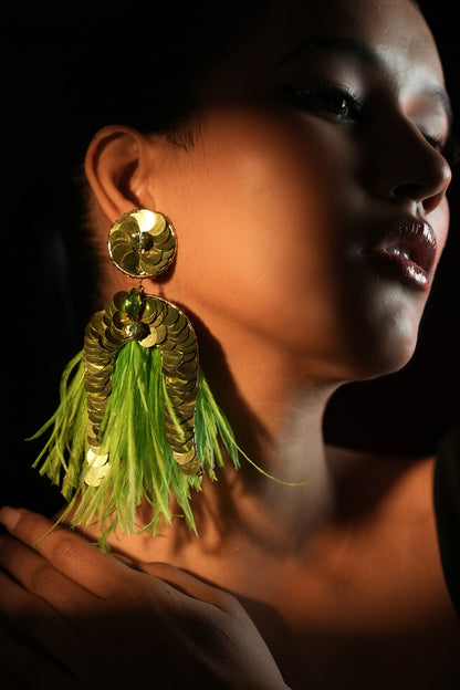 Gold Finish Sequins Work & Green Feather Tassel Dangler Earrings