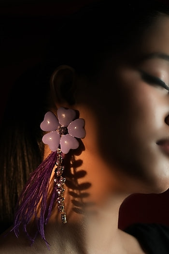 Gold Finish Crystal & Feather Tassel Enameled Floral Dangler Earrings