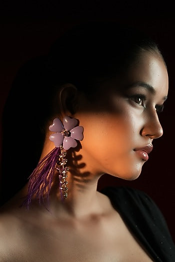 Gold Finish Crystal & Feather Tassel Enameled Floral Dangler Earrings