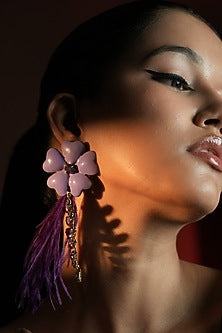 Gold Finish Crystal & Feather Tassel Enameled Floral Dangler Earrings