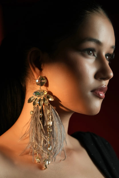 Gold Finish Crystal & Grey Feather Dangler Earrings
