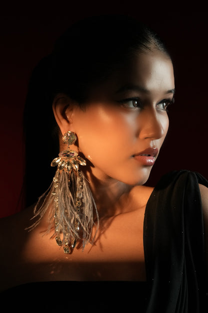 Gold Finish Crystal & Grey Feather Dangler Earrings