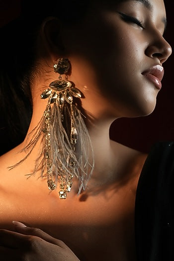 Gold Finish Crystal & Grey Feather Dangler Earrings