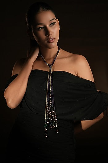 Gold Finish Deep Purple Beaded long Necklace