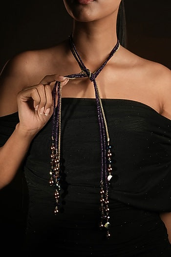 Gold Finish Deep Purple Beaded long Necklace