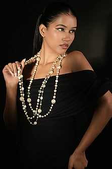 Ivory Crystal & Pearl Layered Long Necklace