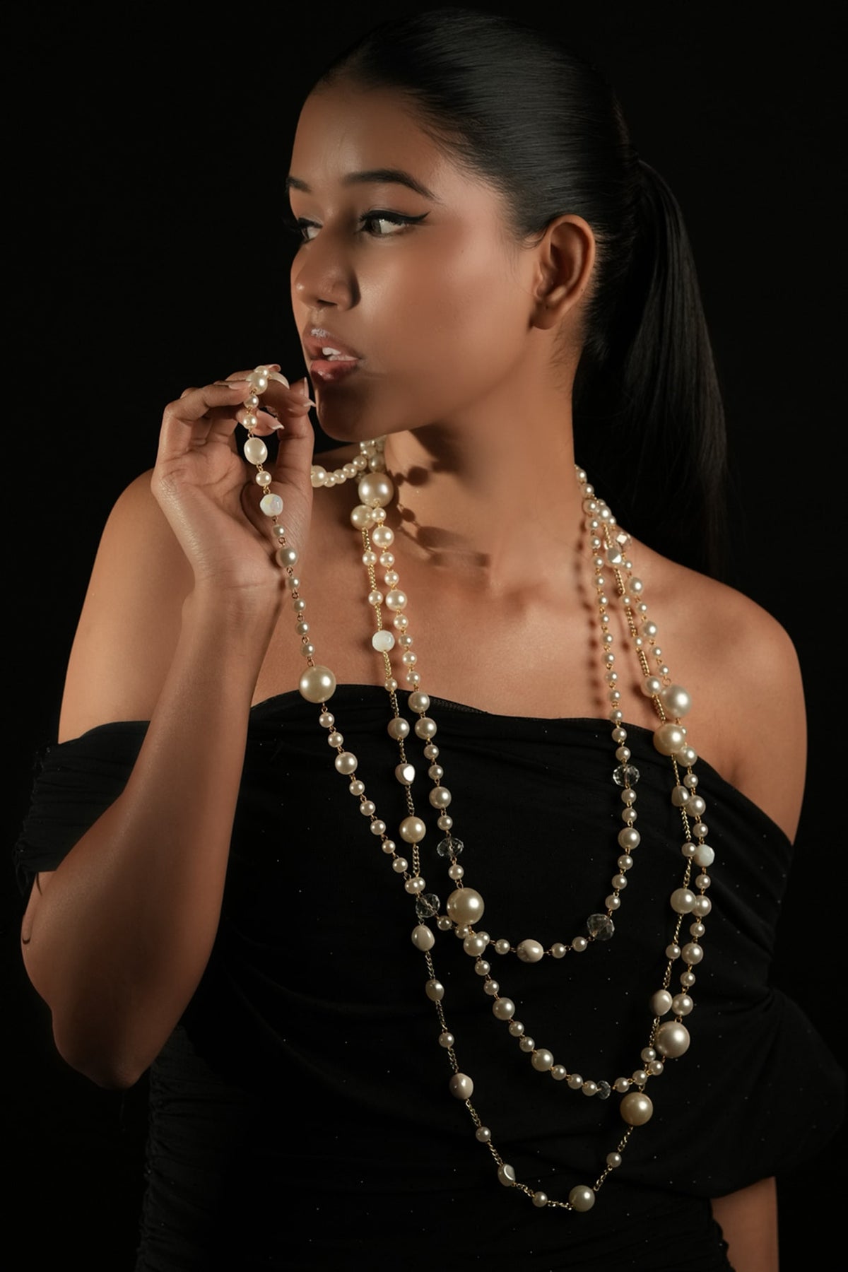 Ivory Crystal & Pearl Layered Long Necklace