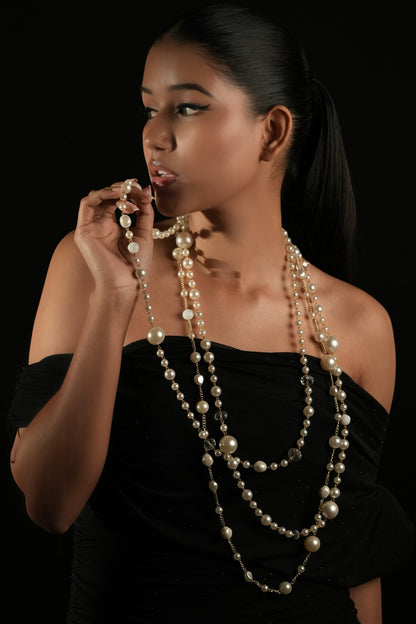 Ivory Crystal & Pearl Layered Long Necklace