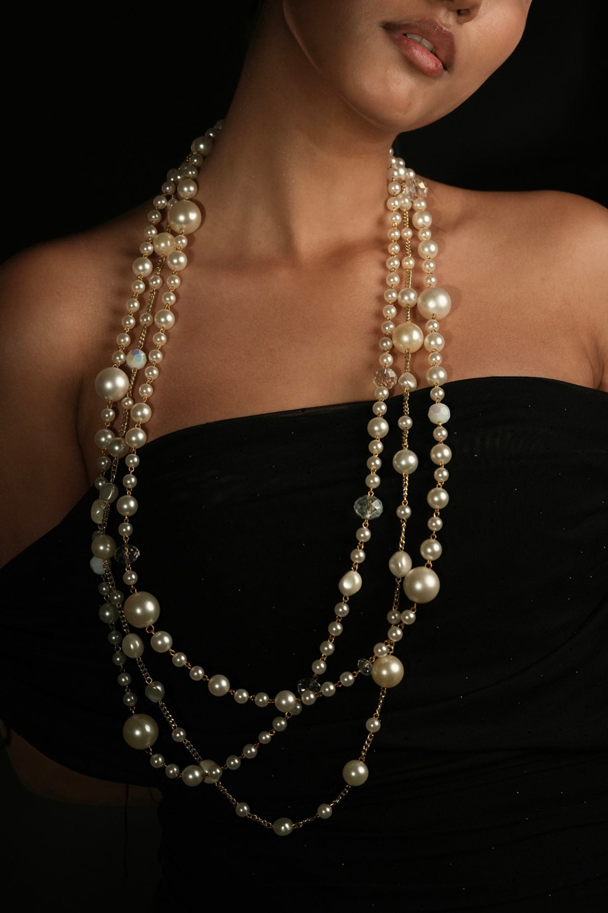 Ivory Crystal & Pearl Layered Long Necklace