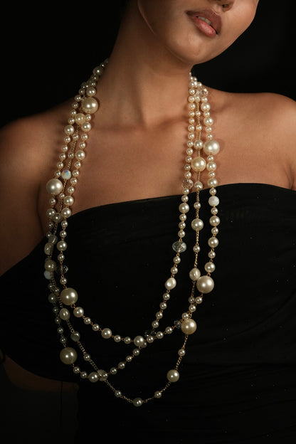 Ivory Crystal & Pearl Layered Long Necklace
