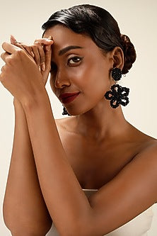 Black Textured Beaded Oversized Floral Drop Earrings