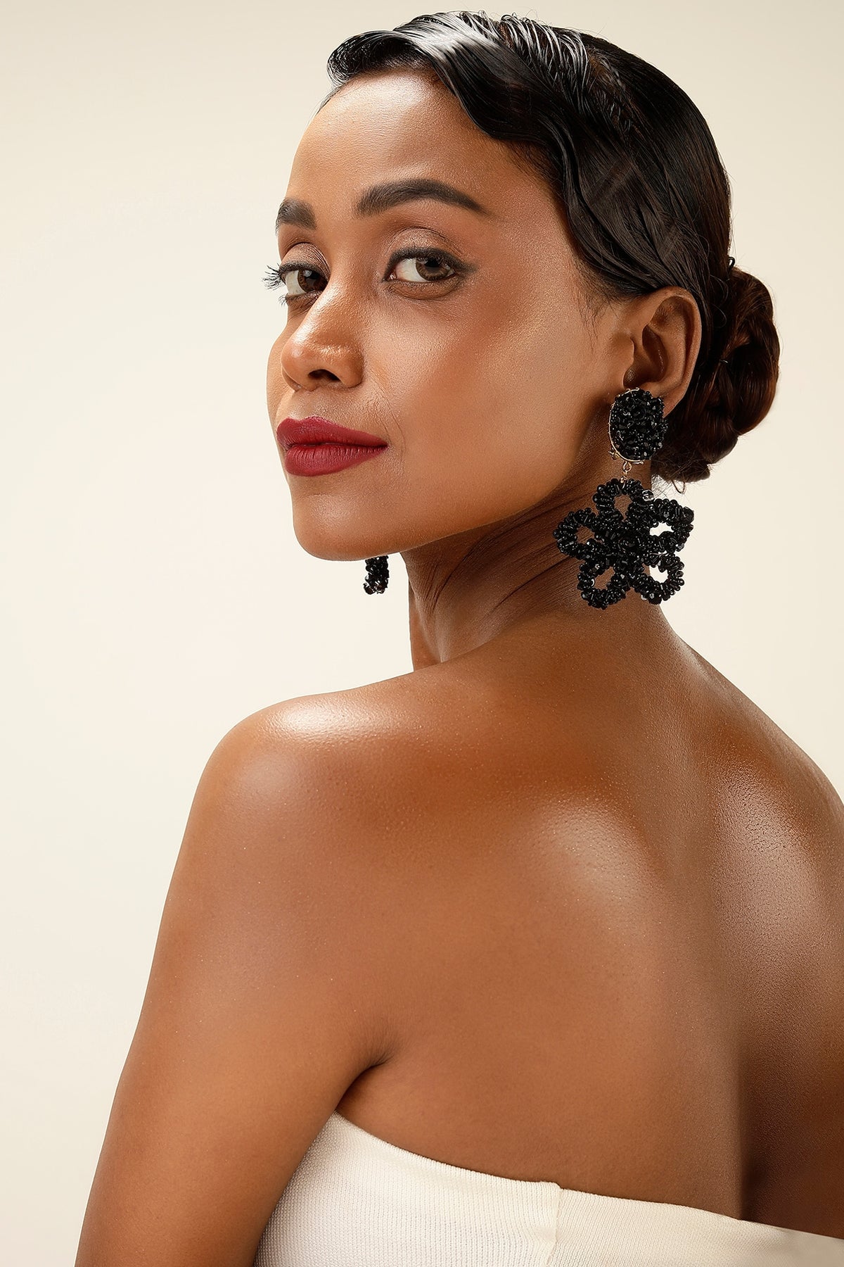 Black Textured Beaded Oversized Floral Drop Earrings