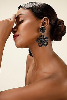 Black Textured Beaded Oversized Floral Drop Earrings