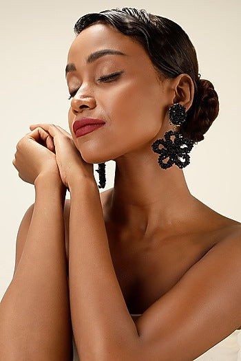 Black Textured Beaded Oversized Floral Drop Earrings