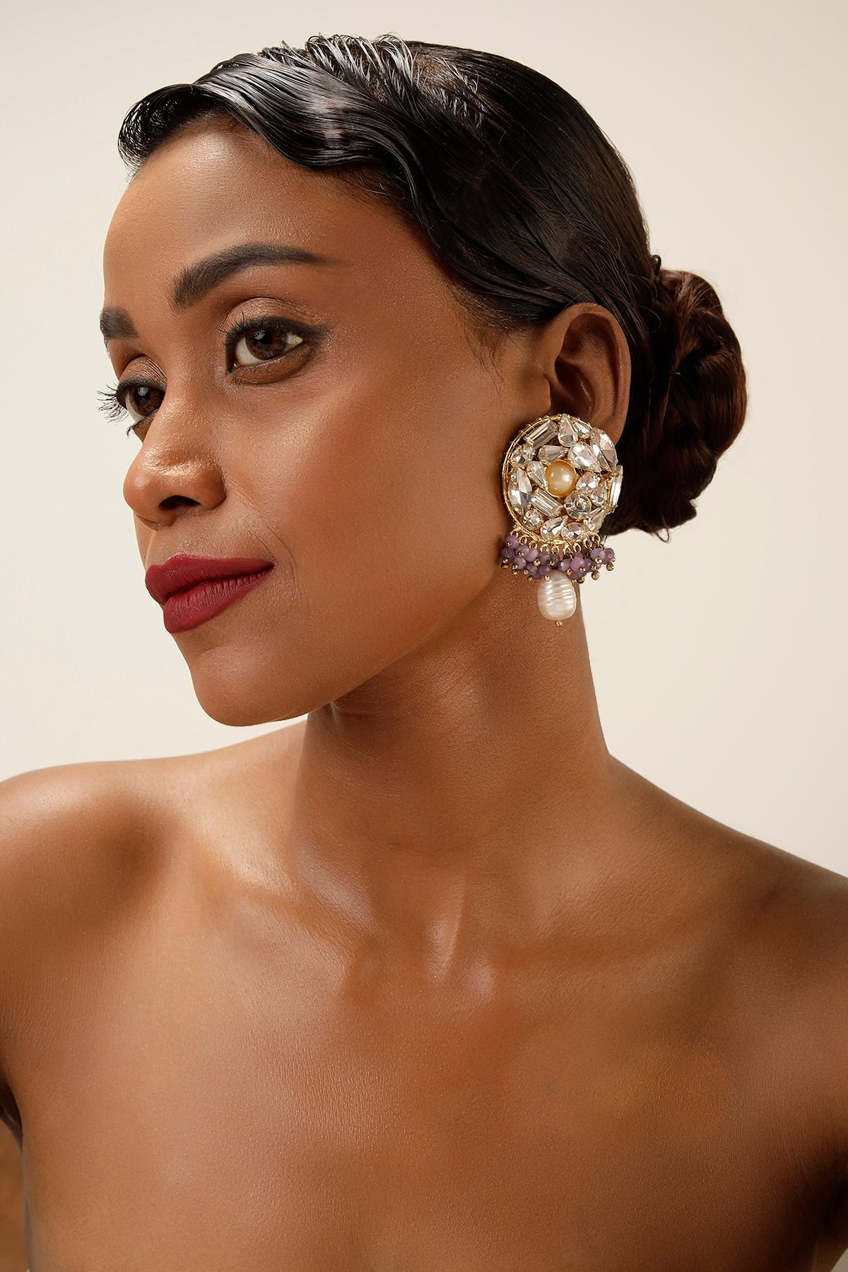 Gold Finish Crystal & Lilac Beaded Drop Earrings