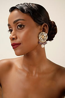 Gold Finish Crystal & Lilac Beaded Drop Earrings