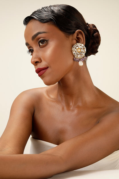 Gold Finish Crystal & Lilac Beaded Drop Earrings
