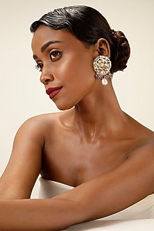 Gold Finish Crystal & Lilac Beaded Drop Earrings
