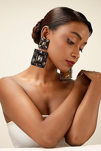 Black Crystal & Textured Beaded Chandelier Earrings