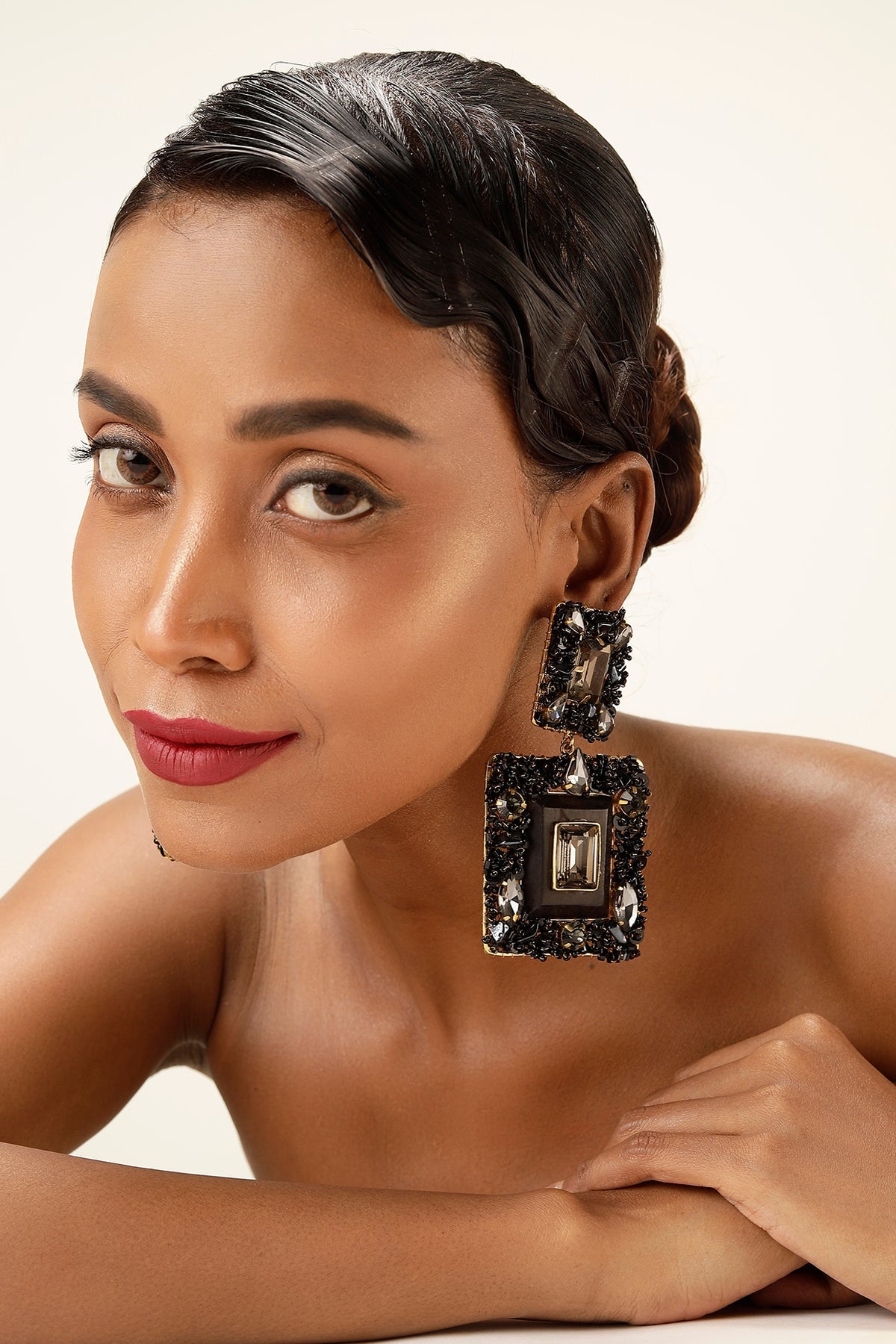 Black Crystal & Textured Beaded Chandelier Earrings