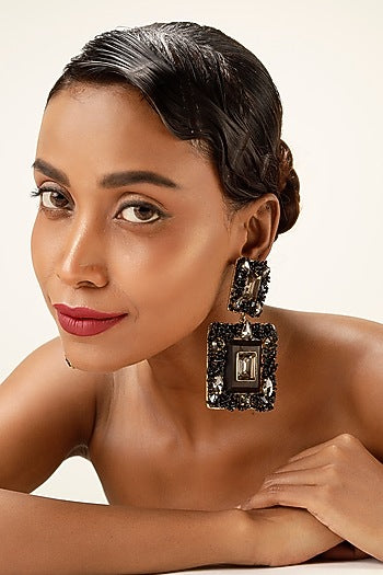 Black Crystal & Textured Beaded Chandelier Earrings