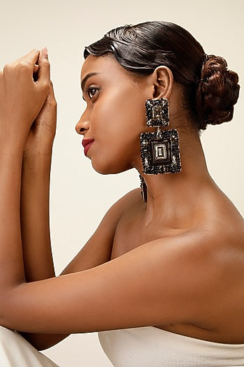 Black Crystal & Textured Beaded Chandelier Earrings
