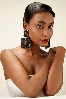 Black Crystal & Textured Beaded Chandelier Earrings