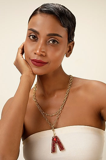 Gold Finish Red Crystal Initial Pendant Necklace