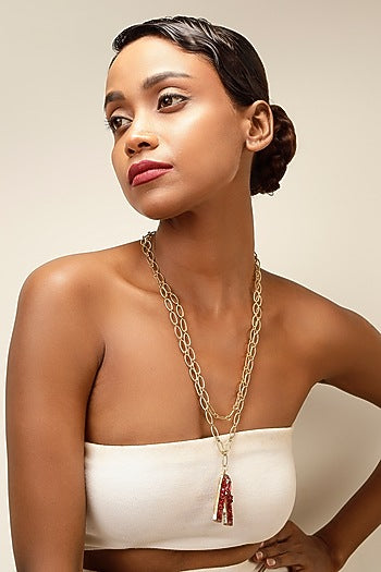Gold Finish Red Crystal Initial Pendant Necklace