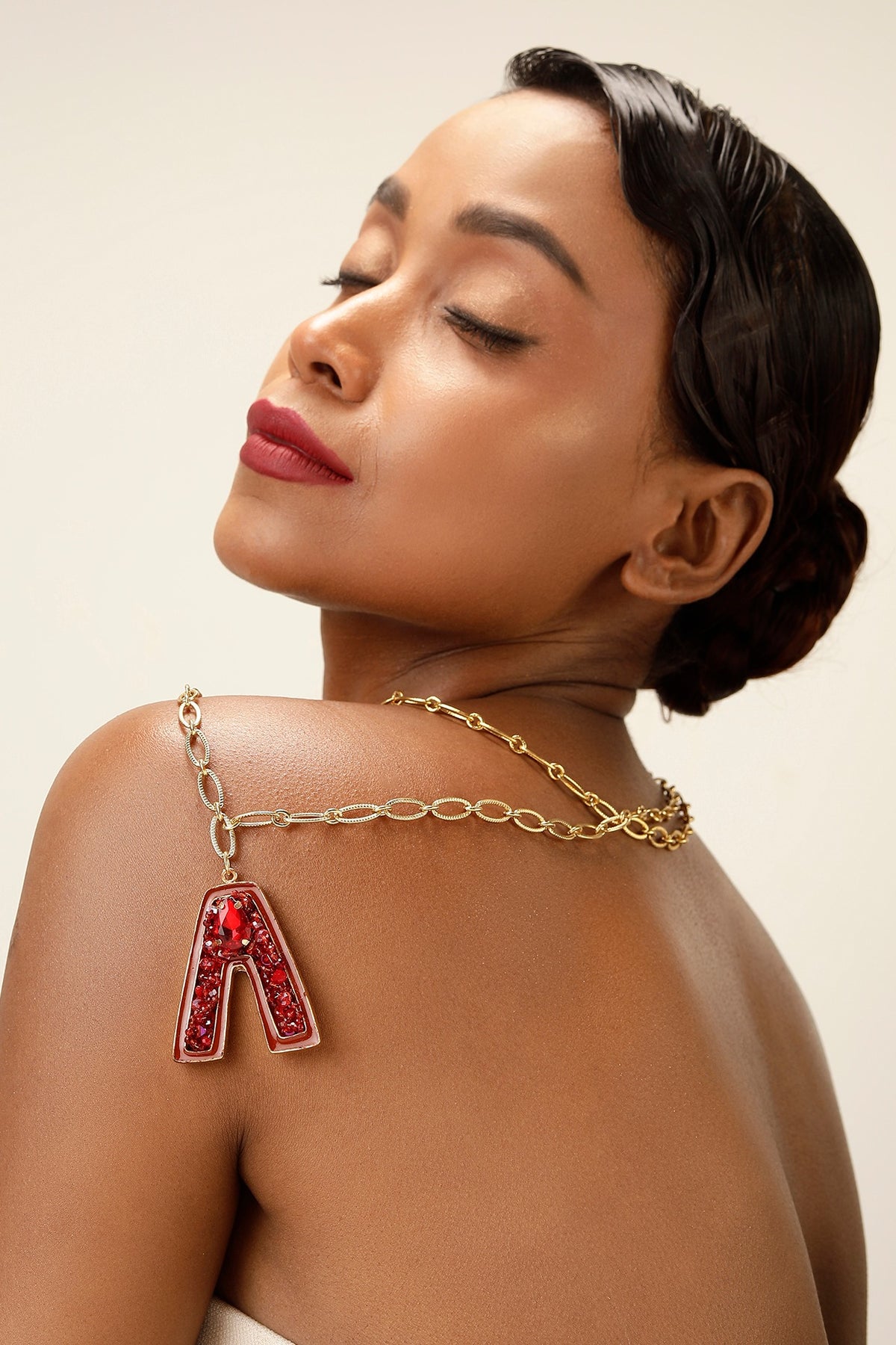 Gold Finish Red Crystal Initial Pendant Necklace