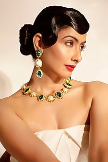 Green Gemstone & Pearl Dangler Earrings