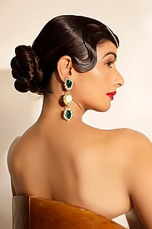 Green Gemstone & Pearl Dangler Earrings
