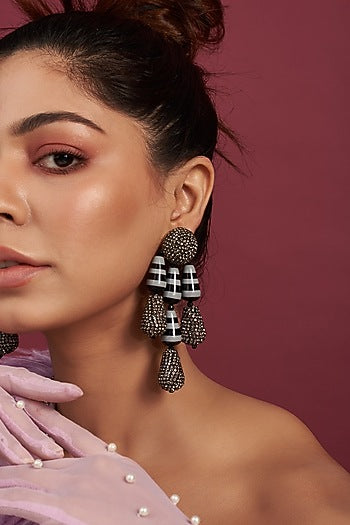 Two Tone Finish Black & Grey Crystal Dangler Earrings