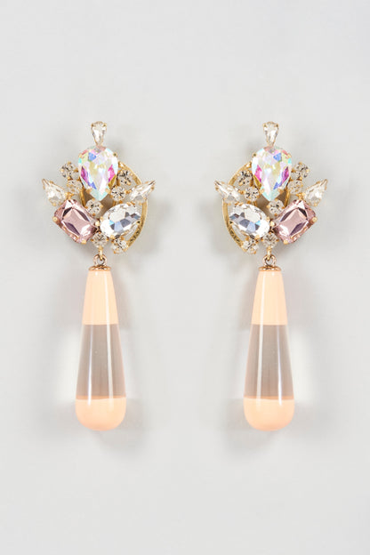 Two Tone Finish Peach & Neutral Crystal Dangler Earrings