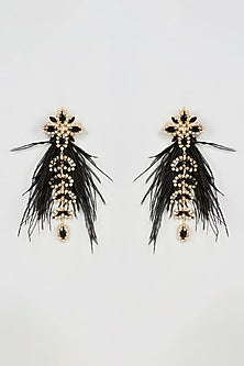 Two Tone Finish Black Feather & Crystal Dangler Earrings
