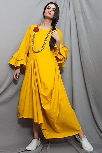 Mustard Cowl Dress With Necklace