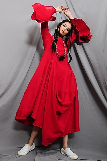 Rust Red Cowl Dress With Necklace
