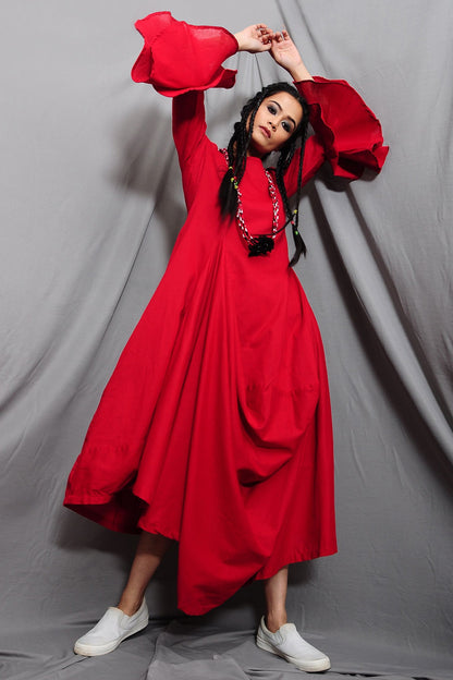 Rust Red Cowl Dress With Necklace
